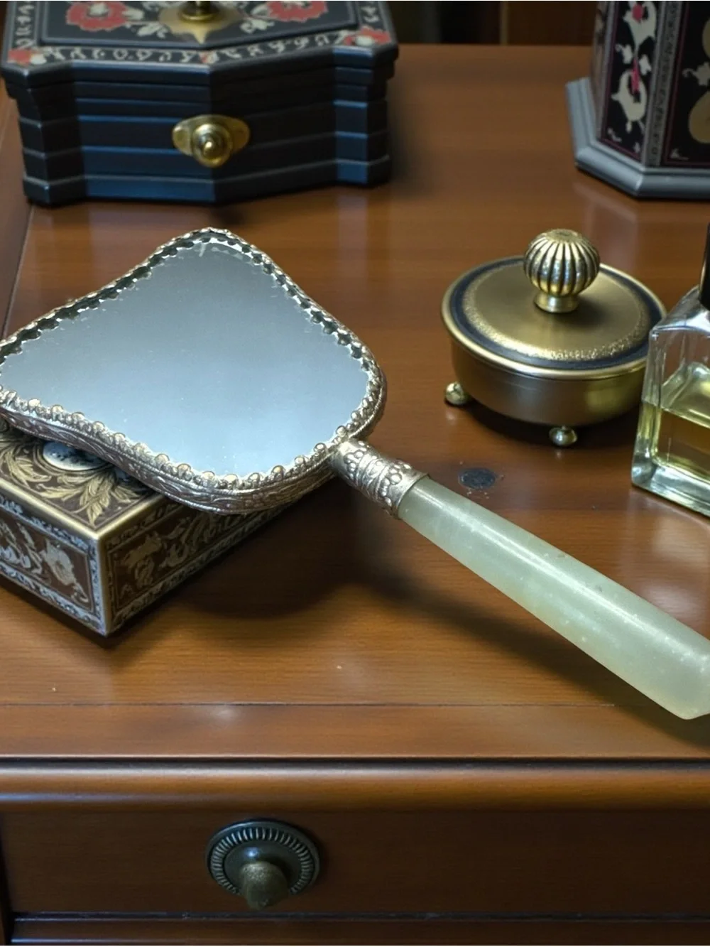 Vintage Chinese Silver Repousse Hand Mirror Green Jade Handle Asian Vanity